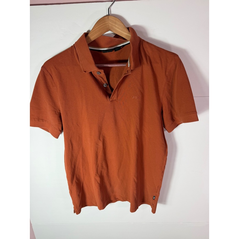 Hugo Boss Mens Orange Short Sleeve Pique Polo Shirt Logo Large